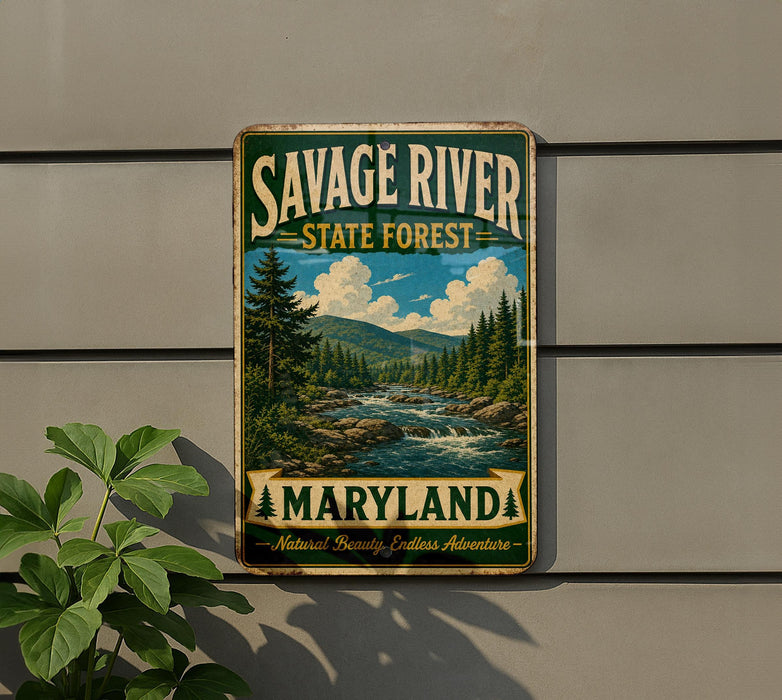 A vintage metal sign for Savage River State Forest in Maryland, featuring a scenic landscape with a river, mountains, and pine trees.