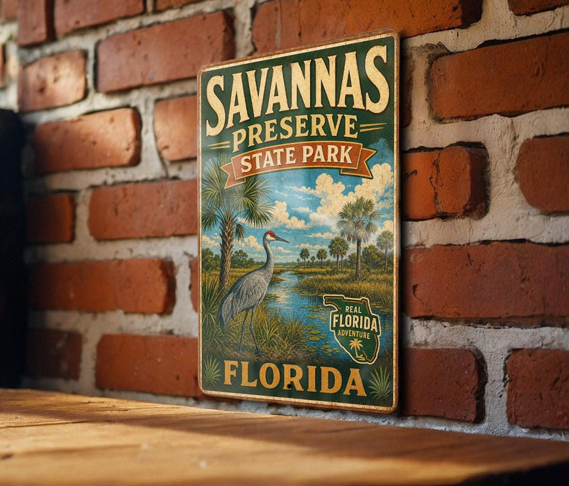 A vintage-style sign for Savannas Preserve State Park in Florida, featuring a bird and palm trees, is displayed on a brick wall.