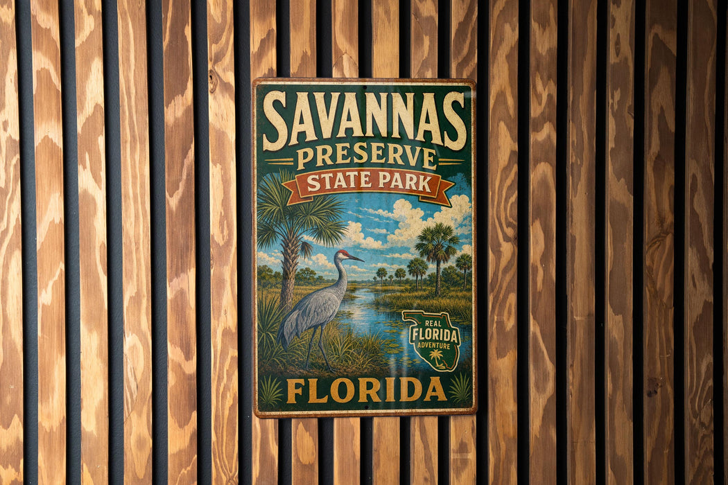 A vintage-style metal sign for Savannas Preserve State Park in Florida, featuring a bird illustration and text.