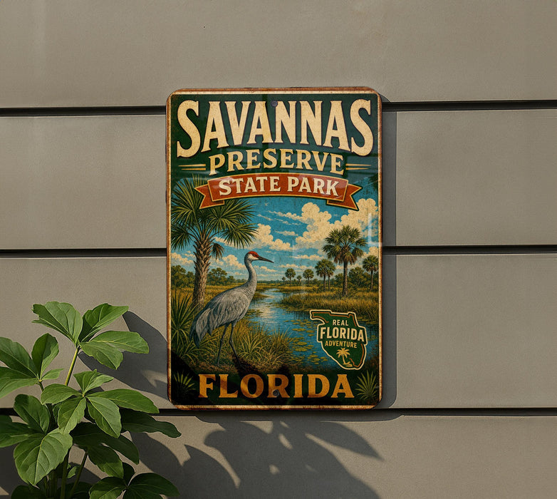 A vintage-style sign for Savannas Preserve State Park in Florida, featuring a bird and a palm tree landscape.