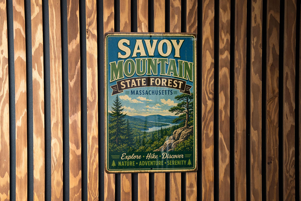 A vintage metal sign for Savoy Mountain State Forest in Massachusetts, featuring a scenic landscape with pine trees, a lake, and mountains.