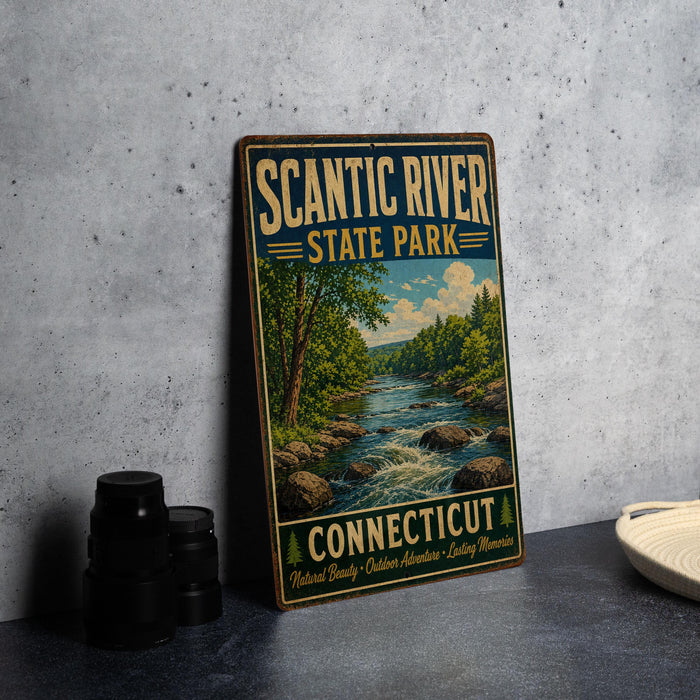 A vintage-style sign for Scantic River State Park in Connecticut, featuring a scenic illustration of a river surrounded by trees and mountains.