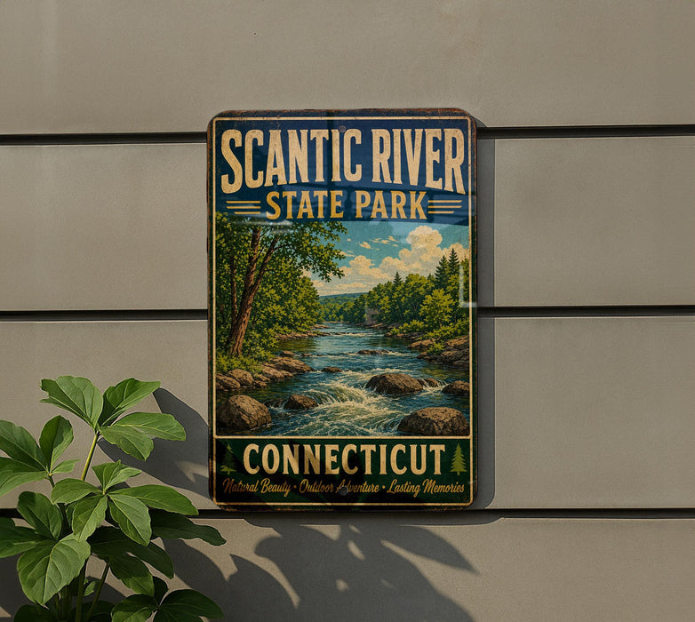 A vintage-style sign for Scantic River State Park in Connecticut, featuring a scenic image of a river surrounded by trees and rocks.