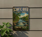 A vintage-style sign for Scantic River State Park in Connecticut, featuring a scenic image of a river surrounded by trees and rocks.