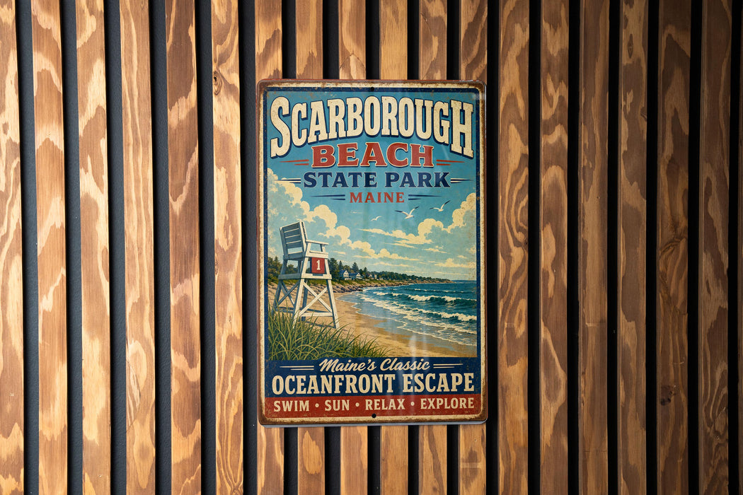 A vintage metal sign for Scarboro Beach State Park in Maine, featuring a lifeguard chair and a beach scene.