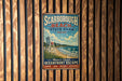 A vintage metal sign for Scarboro Beach State Park in Maine, featuring a lifeguard chair and a beach scene.