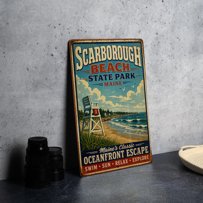 A vintage metal sign for Scarboro Beach State Park in Maine, featuring a beach scene with a lifeguard chair and the text " Maine's Classic Oceanfront Escape" and "SWIM - SUN - RELAX - EXPLORE".