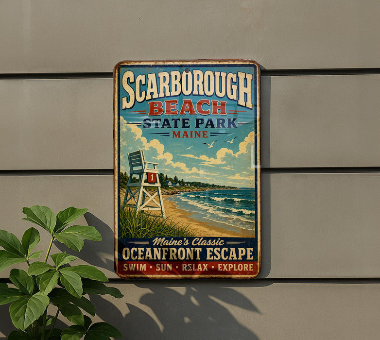 A vintage-style metal sign for Scarboro Beach, Maine, featuring a beach scene with a lifeguard chair and the text "Scarbrough Beach State Park Maine".