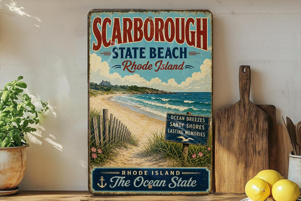 A vintage-style sign for ScARBOROUGH, Rhode Island, featuring a beach scene with a wooden fence and a sign indicating the location.