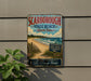 A vintage metal sign for ScARBOROUGH State Beach, Rhode Island, featuring a beach scene with a wooden fence leading to the ocean.