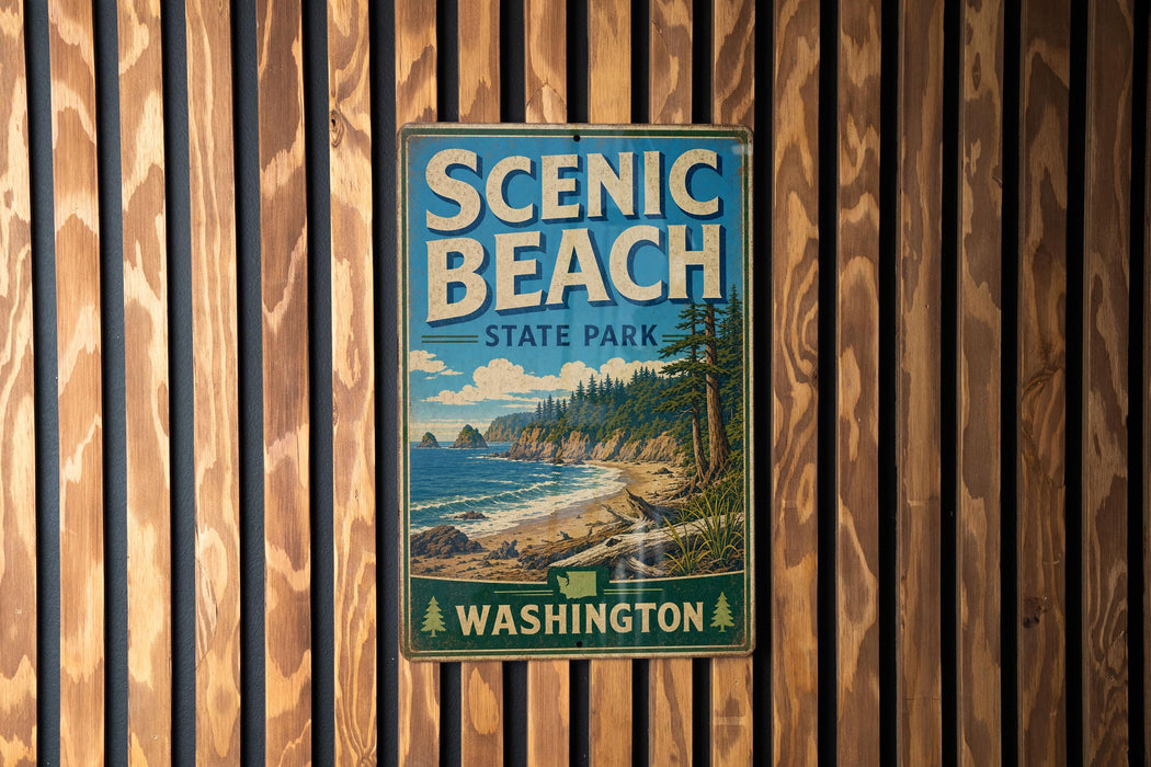 A vintage metal sign for Scenic Beach State Park in Washington, featuring a scenic landscape with a beach, mountains, and pine trees.