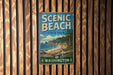A vintage metal sign for Scenic Beach State Park in Washington, featuring a scenic landscape with a beach, mountains, and pine trees.