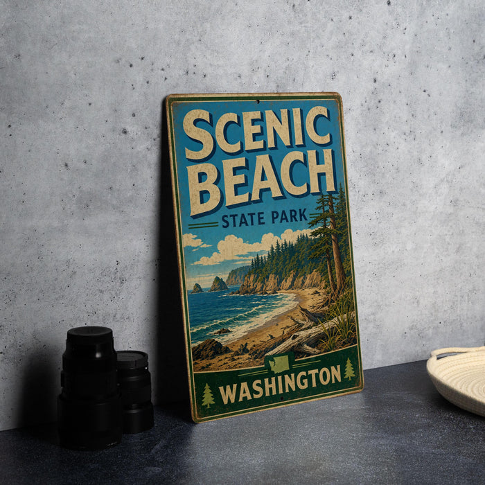 A vintage-style sign for Scenic Beach State Park in Washington, featuring a scenic landscape with a beach, mountains, and pine trees.