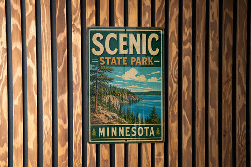 A vintage-style metal sign for Scenic State Park in Minnesota, featuring a scenic landscape with pine trees, a lake, and mountains.