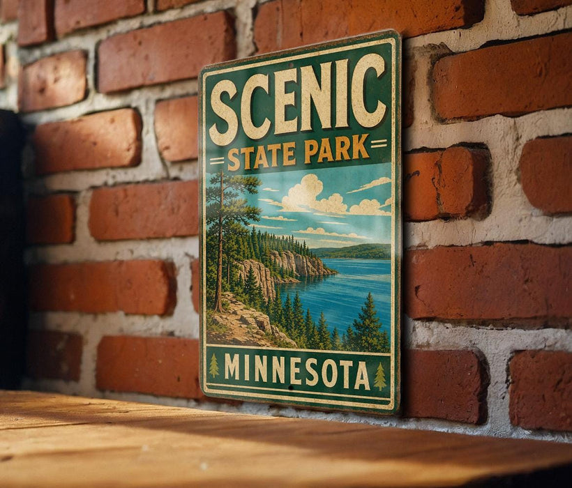 A vintage-style metal sign for Scenic State Park in Minnesota, featuring a scenic landscape with a lake, mountains, and pine trees.