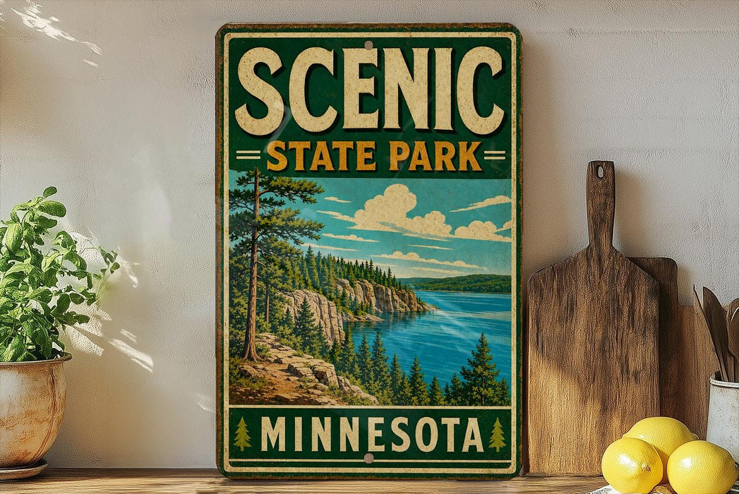A vintage-style sign for Scenic State Park in Minnesota, featuring a scenic landscape with a lake, mountains, and pine trees.