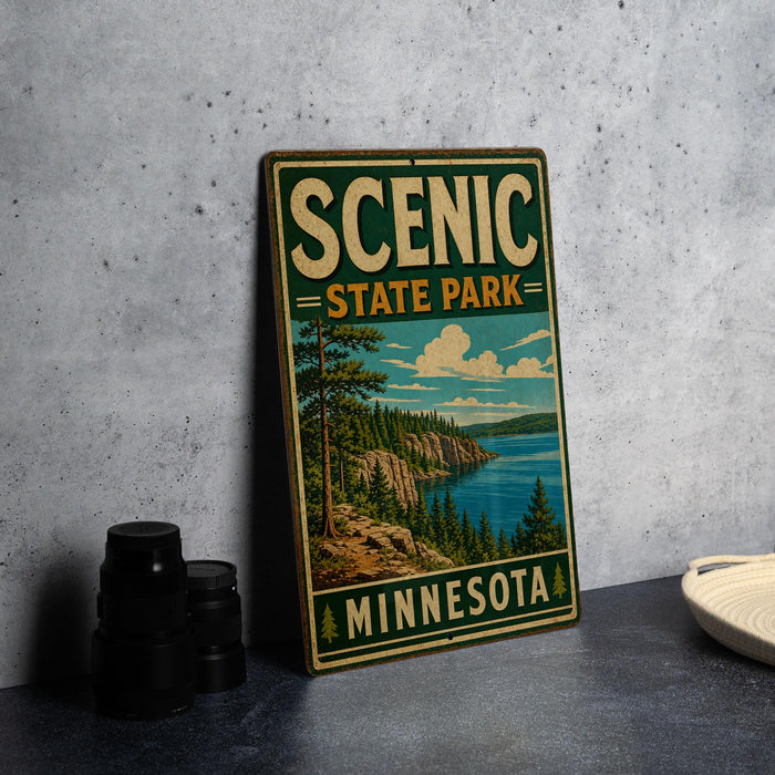 A vintage-style metal sign for Scenic State Park in Minnesota, featuring a scenic landscape with a lake, mountains, and pine trees.