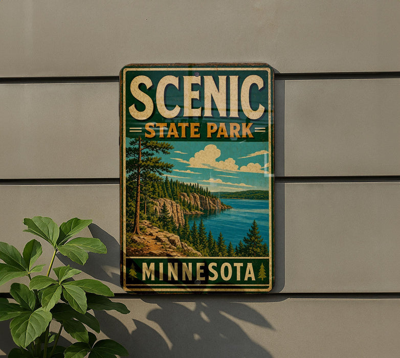 A vintage-style metal sign for Scenic State Park in Minnesota, featuring a scenic landscape with pine trees, a lake, and mountains.