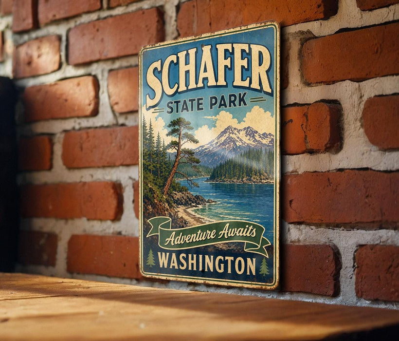 A vintage-style metal sign for Schafer State Park in Washington, featuring a scenic mountain landscape and a pine tree.