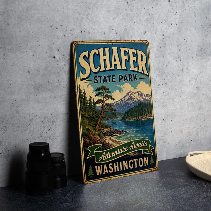 A vintage-style metal sign for Schafer State Park in Washington, featuring a scenic landscape with mountains, pine trees, and a lake.