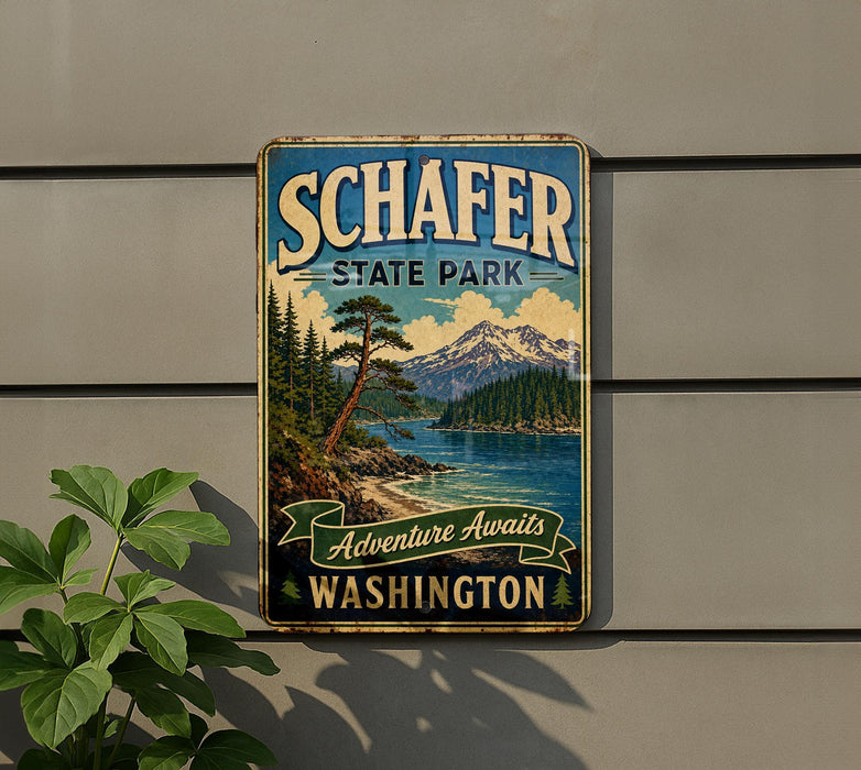 A vintage-style metal sign for Schafer State Park in Washington, featuring a scenic landscape with mountains, pine trees, and a lake.