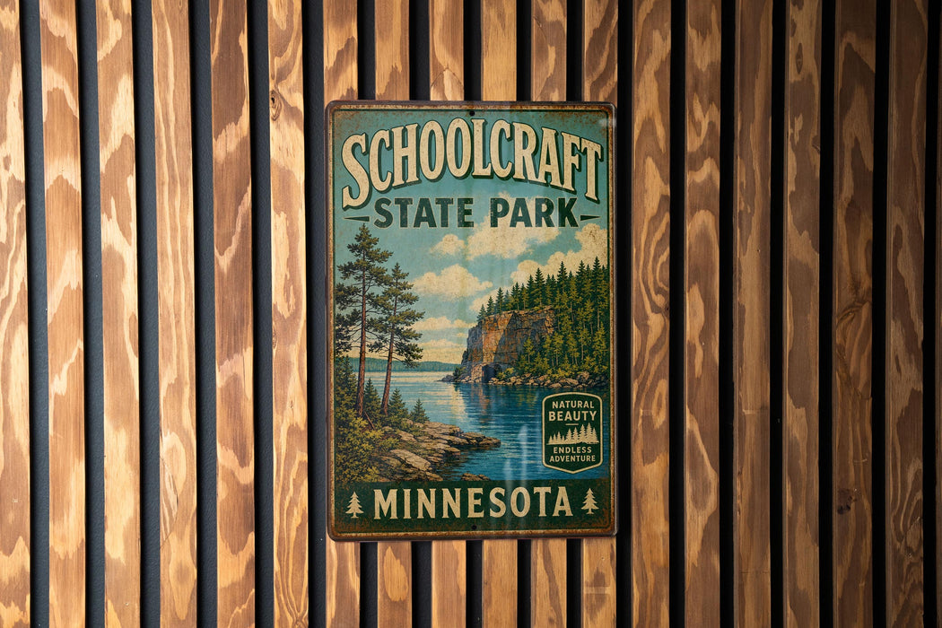A vintage metal sign for Schoolcraft State Park in Minnesota, featuring a scenic landscape with pine trees, a lake, and mountains.