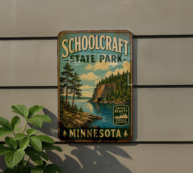 A vintage-style metal sign for Schoolcraft State Park in Minnesota, featuring a scenic landscape with pine trees, a lake, and mountains.