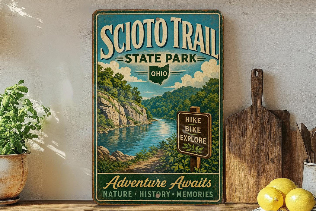 a vintage-style sign for the Scio Trail State Park in Ohio, with a scenic illustration of a river and mountains. The sign also includes the words "Adventure Awaits" and "Nature - History - Memories".