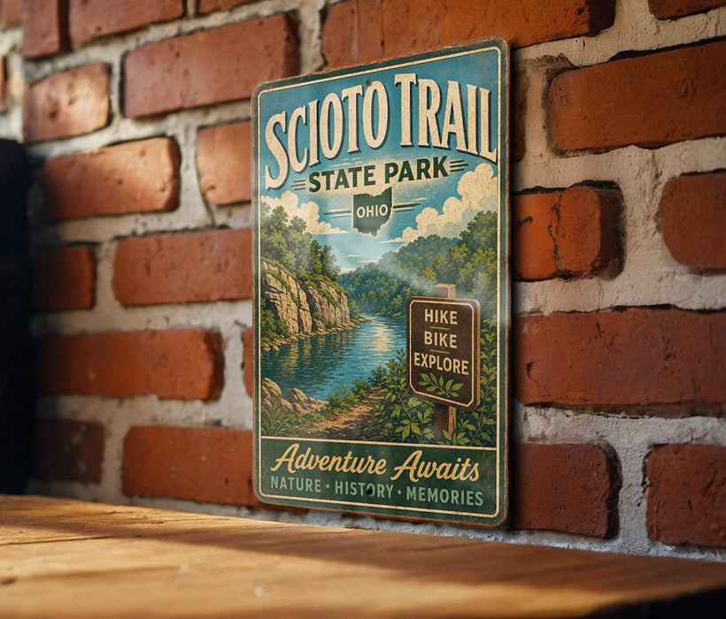 A vintage-style metal sign for the Scio Trail State Park in Ohio, featuring a scenic illustration of a river and lush greenery.
