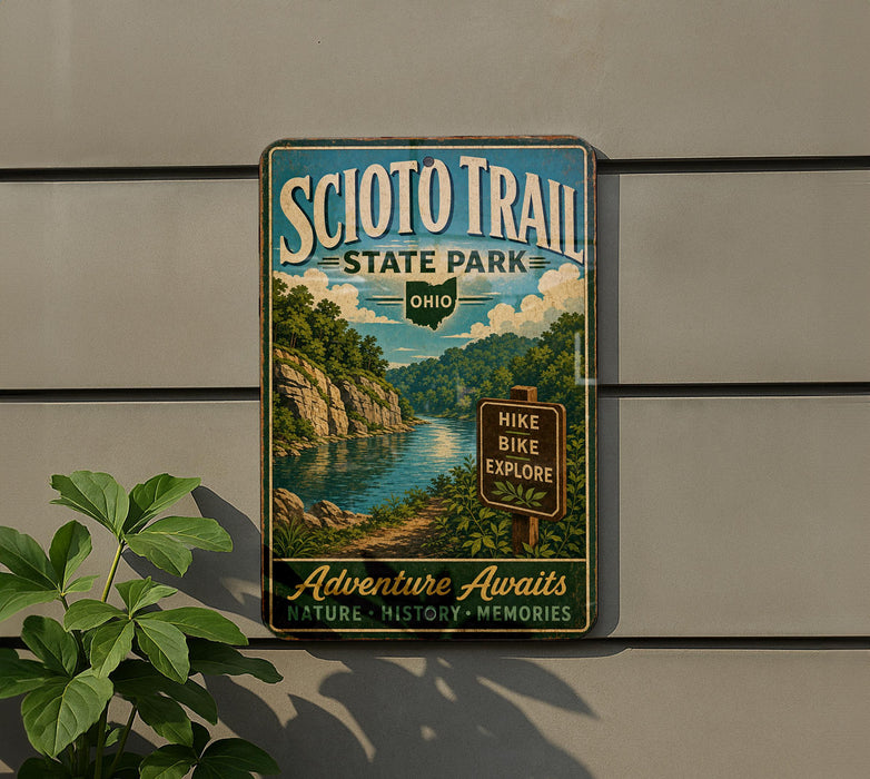 A vintage-style metal sign for Scio Trail State Park in Ohio, featuring a scenic landscape with a river and lush greenery.