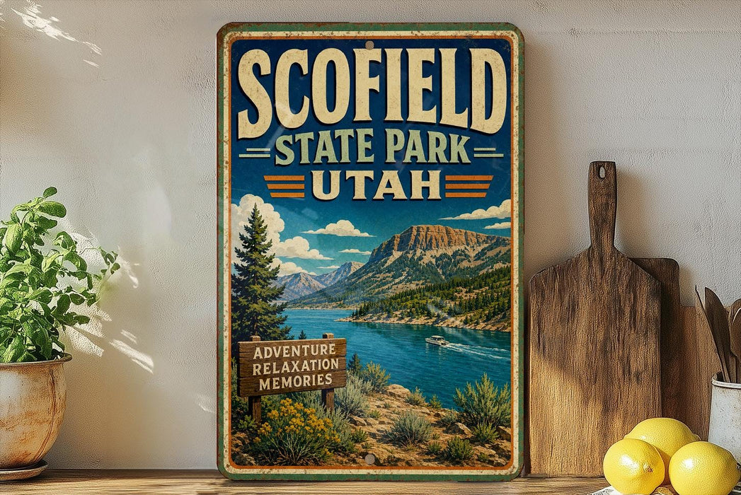 A vintage-style sign for Scofield State Park in Utah, featuring a scenic mountain landscape with a lake and a boat.