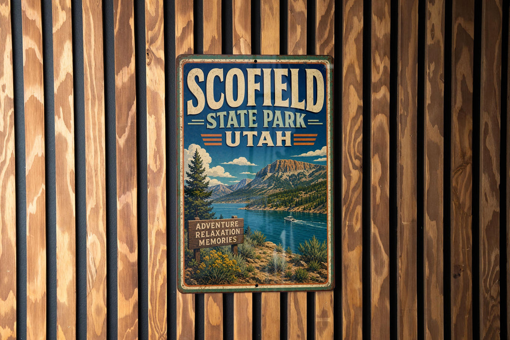 A vintage-style metal sign for Scofield State Park in Utah, featuring a scenic mountain landscape with a lake and a boat.
