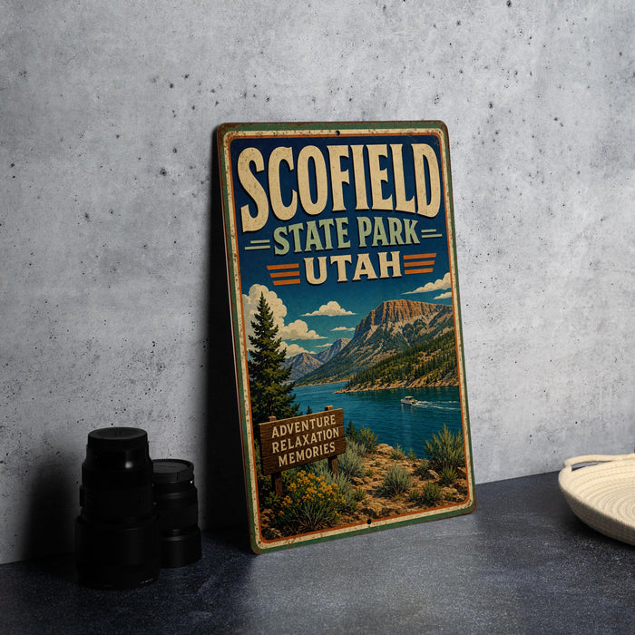 A vintage-style metal sign for Scofield State Park in Utah, featuring a scenic landscape with mountains, a lake, and a boat.