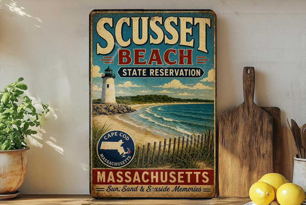 A vintage-style sign for "Scussey Beach State Reserve" in Massachusetts, featuring a lighthouse and beach scene.