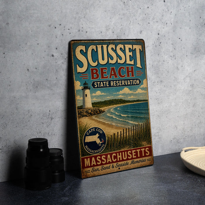A vintage metal sign for "Scusset Beach State Reserve" in Massachusetts, featuring a lighthouse and beach scene.