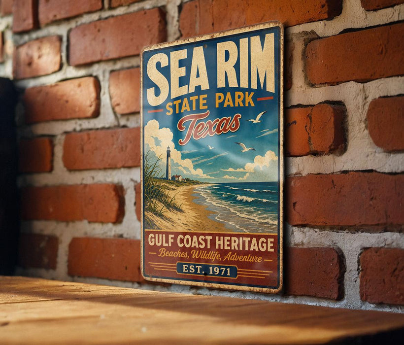 A vintage metal sign for Sea Rim State Park in Texas, featuring a beach scene and a lighthouse, is displayed on a brick wall.