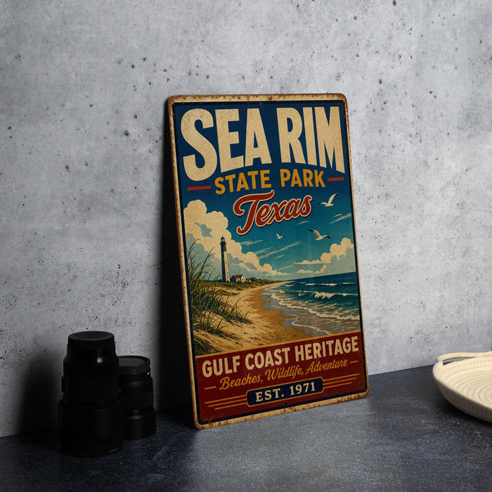A vintage-style metal sign for Sea Rim State Park in Texas, featuring a lighthouse and beach scene, with the text "Gulf Coast Heritage Beaches Wildlife Adventure" and "EST. 1971".