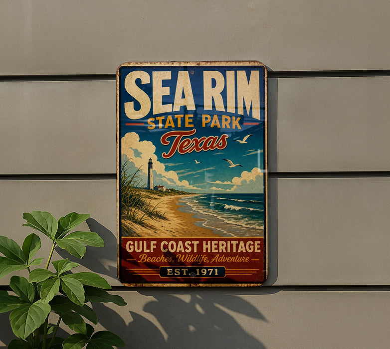A vintage-style metal sign for Sea Rim State Park in Texas, featuring a lighthouse and beach scene, mounted on a wall.