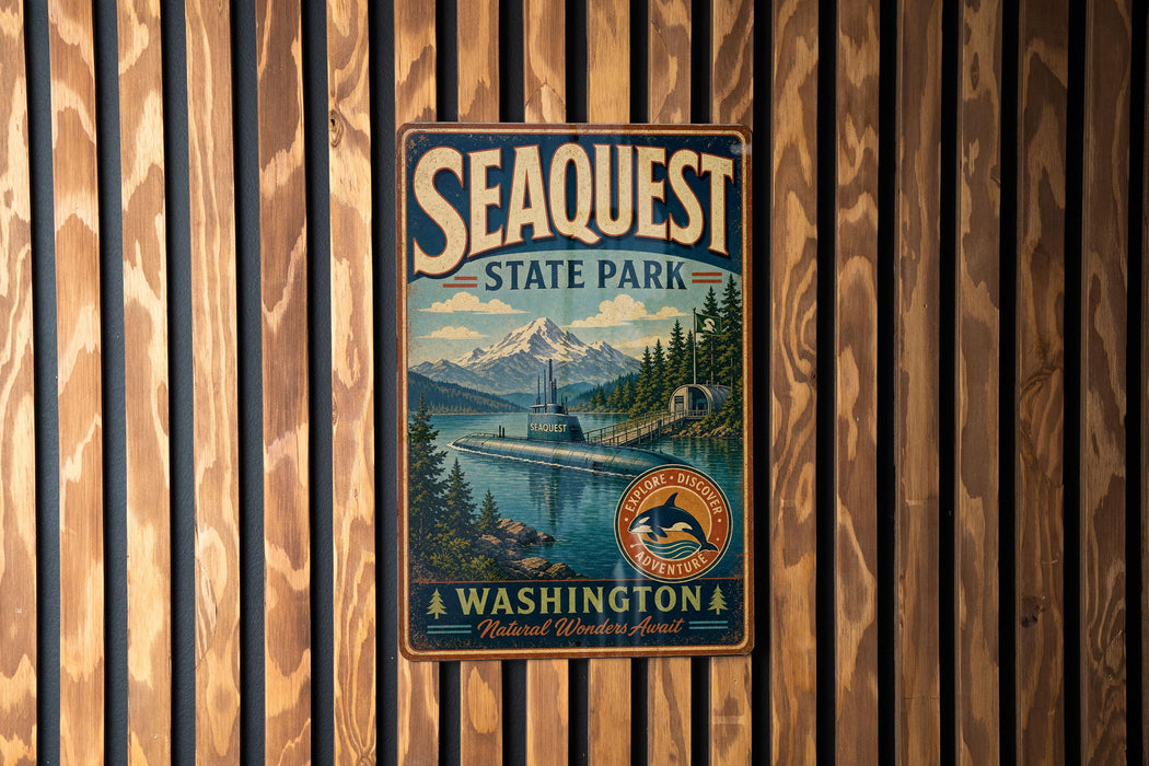 A vintage-style metal sign for Sequest State Park in Washington, featuring a scenic landscape with mountains, a lake, and a boat.