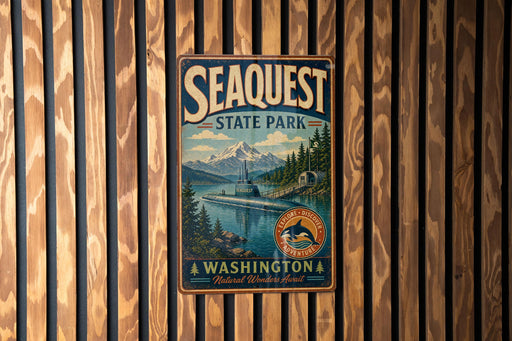 A vintage-style metal sign for Sequest State Park in Washington, featuring a scenic landscape with mountains, a lake, and a boat.