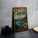 A vintage-style metal sign for Seaquest State Park, featuring a scenic landscape with mountains, a lake, and a submarine, is displayed on a gray concrete surface.