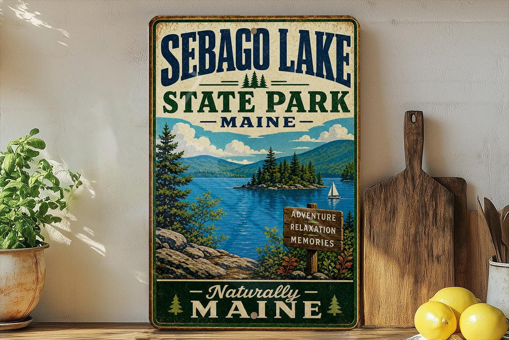 A vintage-style sign for Sebago Lake State Park in Maine, featuring a scenic landscape with pine trees, mountains, and a lake.
