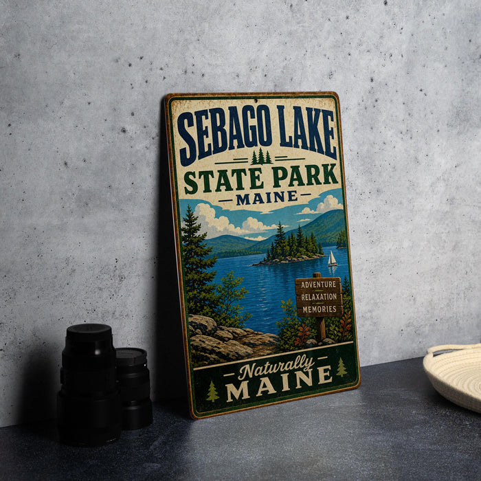 A vintage-style metal sign for Sebago Lake State Park in Maine, featuring a scenic landscape with a lake, mountains, and pine trees.