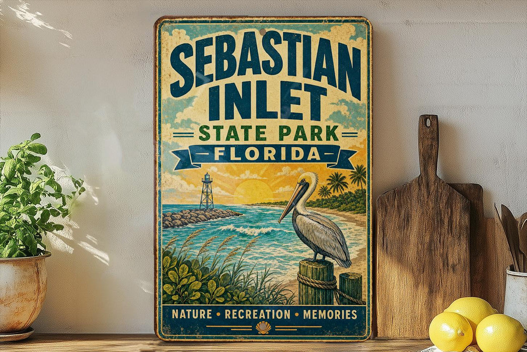 A vintage-style sign for Sebastian Inlet State Park in Florida, featuring a pelican and a beach scene with a lighthouse.