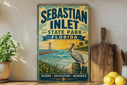 A vintage-style sign for Sebastian Inlet State Park in Florida, featuring a pelican and a beach scene with a lighthouse.