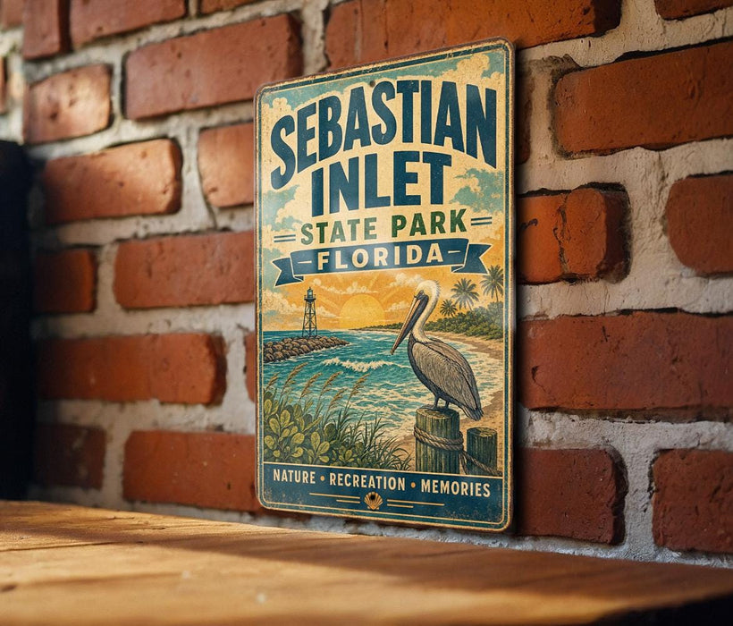 A vintage-style metal sign for Sebastian Inlet State Park in Florida, featuring a pelican and a beach scene.