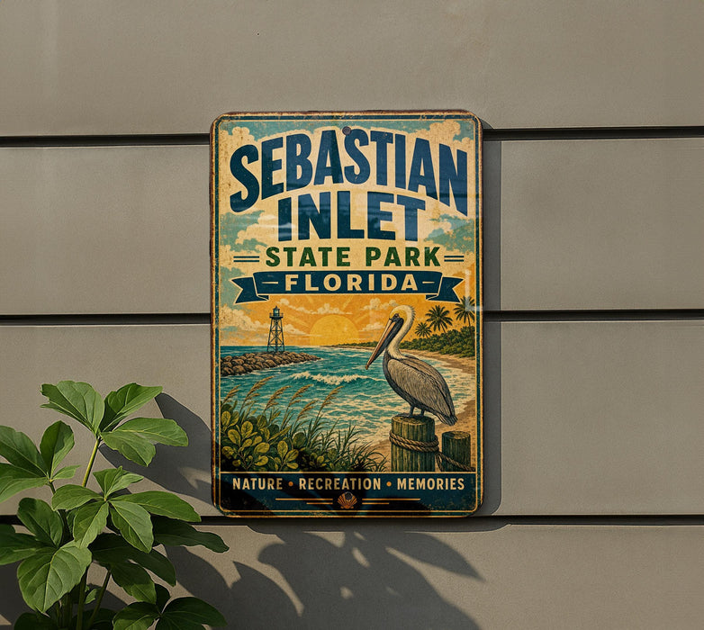 A vintage-style metal sign for Sebastian Inlet State Park in Florida, featuring a pelican and a beach scene.