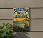 A vintage-style metal sign for Sebastian Inlet State Park in Florida, featuring a pelican and a beach scene.