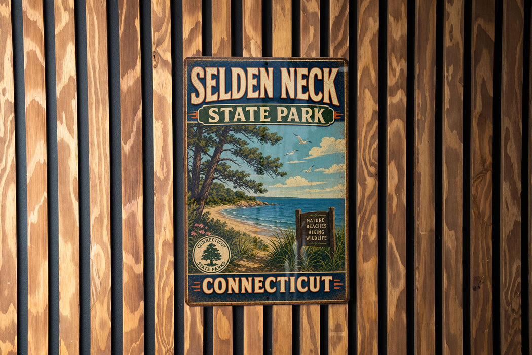 A vintage metal sign for Selden Neck State Park in Connecticut, featuring a scenic landscape with a beach, pine trees, and a blue sky with clouds.