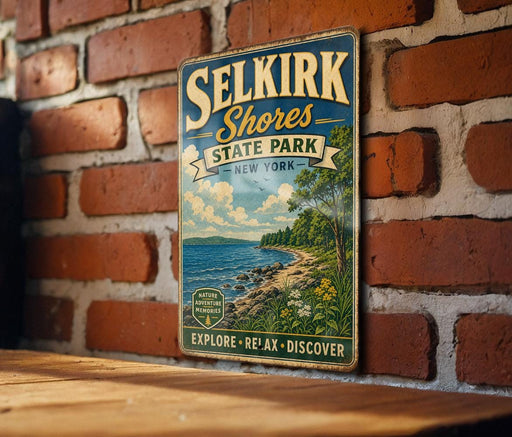 A vintage metal sign for Selkirk Shores State Park in New York, featuring a scenic illustration of the park's shoreline and surrounding landscape.